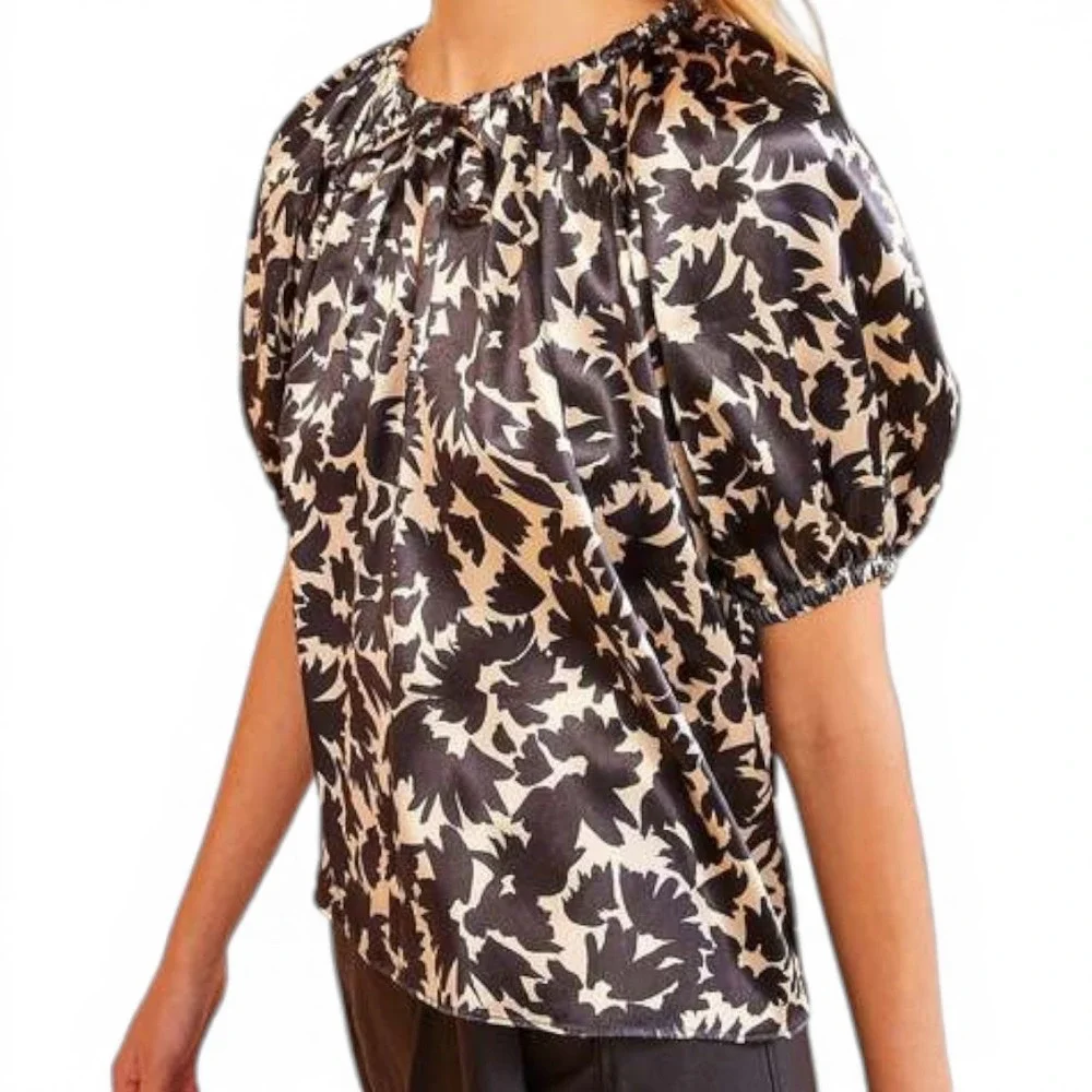 Ulla Johnson Neema Satin Blouse Top Black‎ Cream Floral Satin Puff Sleeve XS